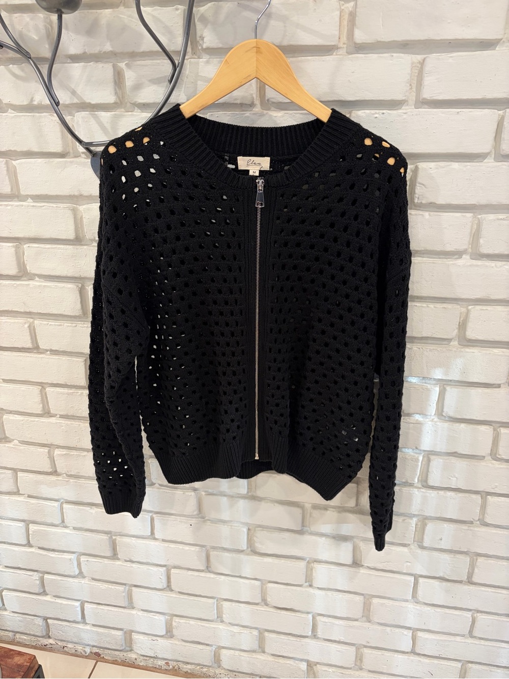 Elan Black Openwork Zip-Front Cardigan